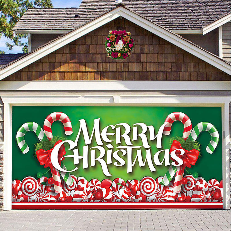 a garage door with a sign on it
