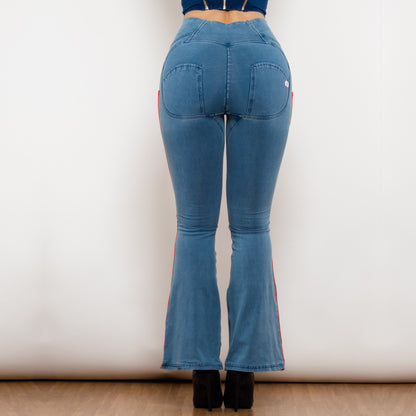 Shascullfites Melody Light Blue Flare Jeans Stretch Skinny Ripped Jeans With White&Red Stripe Side Scrunch Bum Pants