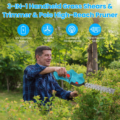 1Set Pole Mini Hedge Trimmer And Grass Shear Electric Cordless Handheld Hedge Trimmer With 90Degree Rotatable Head Telescopic Extension Pole Gloves Goggles 2Pcs 21V Batteries