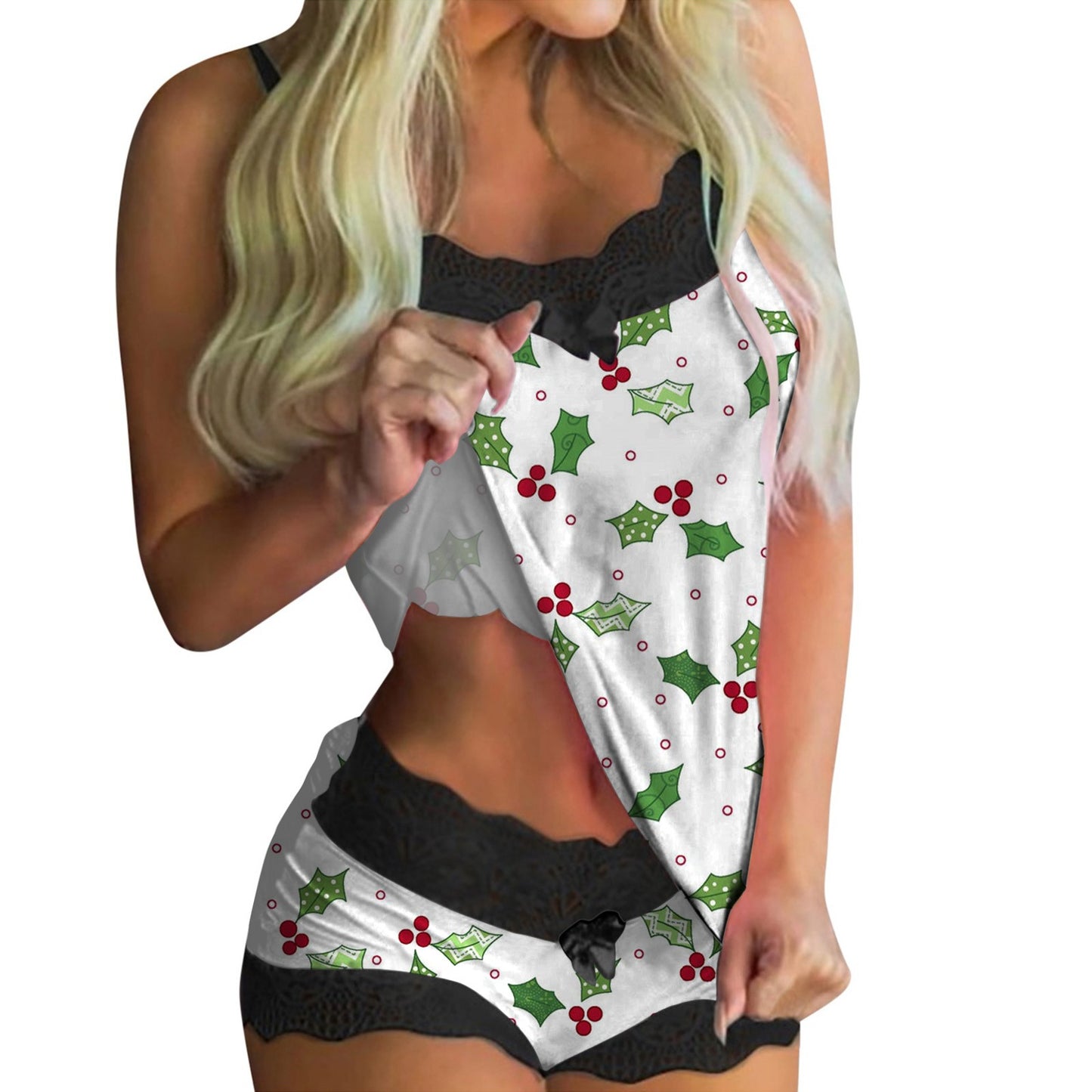 European And American Lace Sexy Sweet Print Suspender Two-piece Pajamas