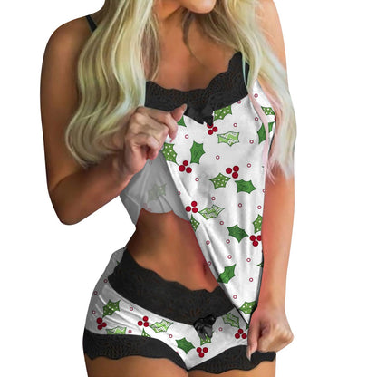 European And American Lace Sexy Sweet Print Suspender Two-piece Pajamas