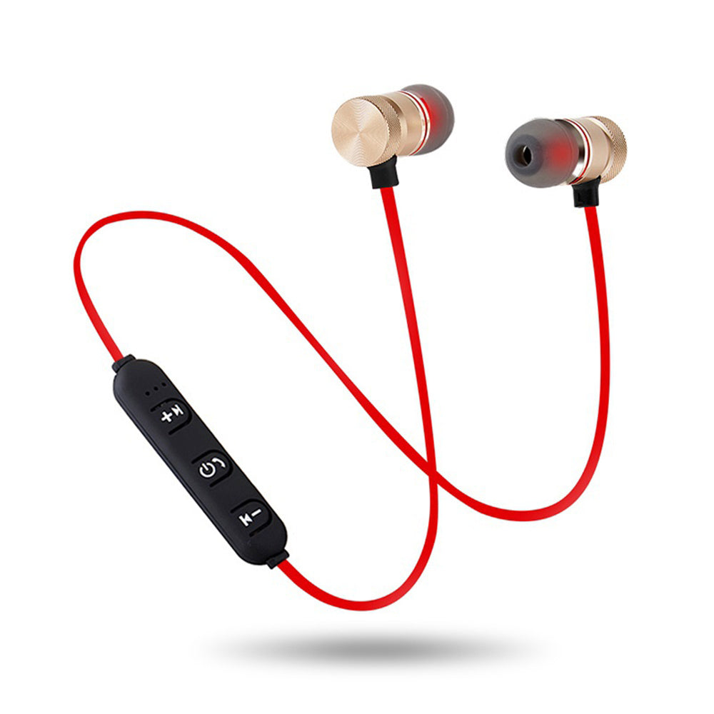 a pair of red and gold earbuds