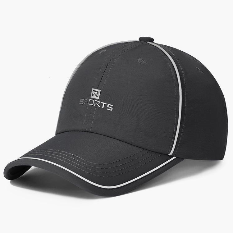 a black hat with white stripes