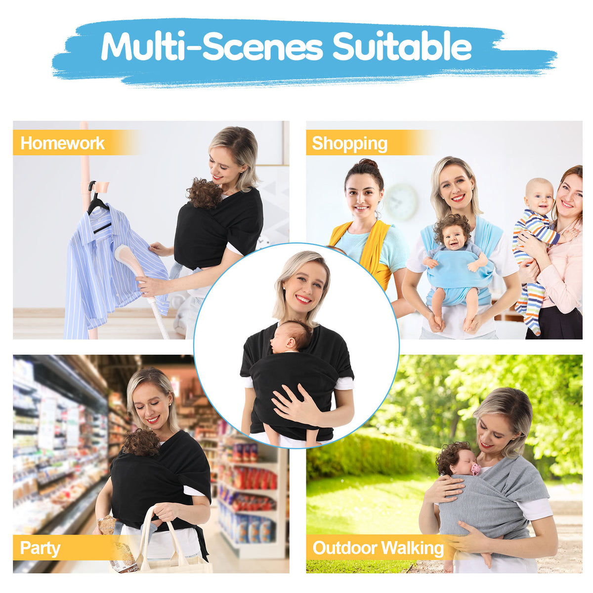 a collage of images of a woman carrying a baby