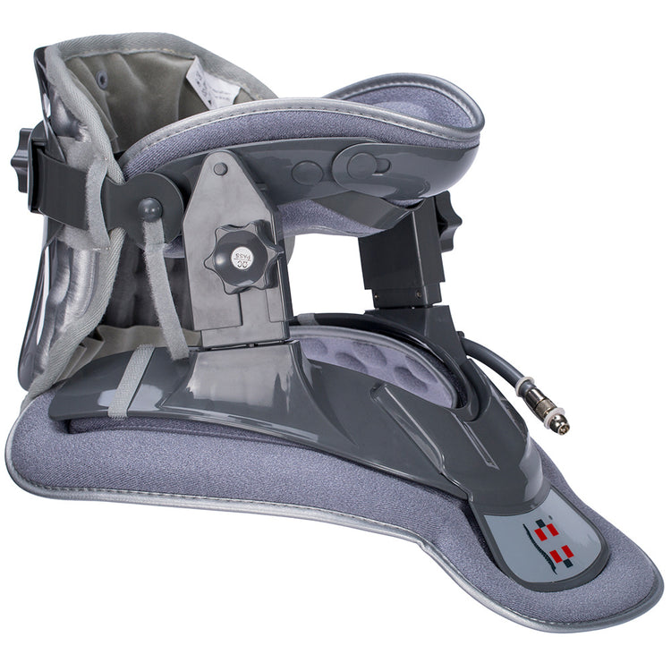 a grey neck brace with a cord