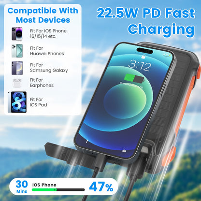 1Pc Portable Solar Charger 49800mAh Power Bank External Battery Pack 22.5W PD Fast Charging Built In 4 Cables 15W Wireless Charging LED Flashlight For Camping Hiking Picnic Travel