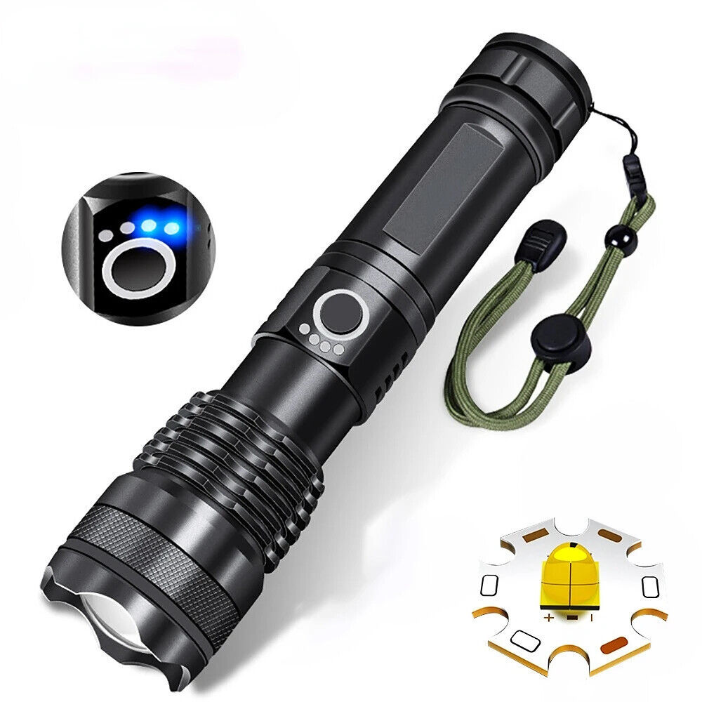 a black flashlight with a cord and a round object