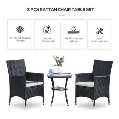 3 Pieces Rattan Bistro Set, Wicker Garden Furniture Set With 2-Tier Coffee Table And Chairs, Cushions, For Outdoor Patio Balcony, Black