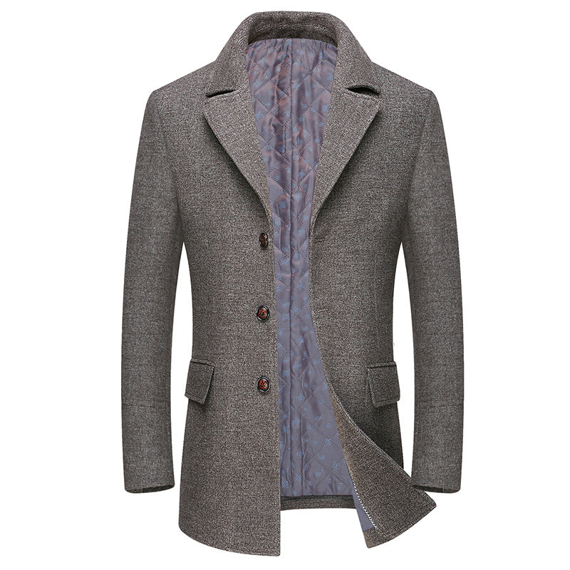 a grey coat with a blue lining