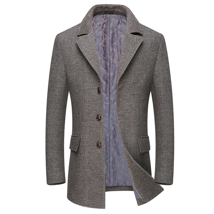 a grey coat with a blue lining
