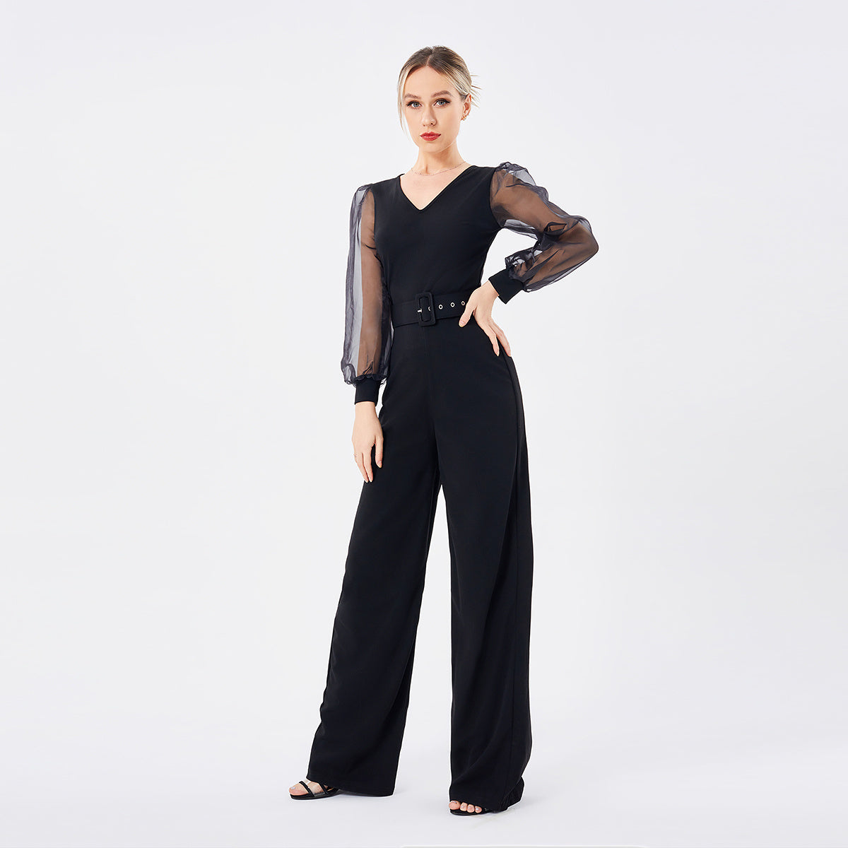 a woman in black outfit