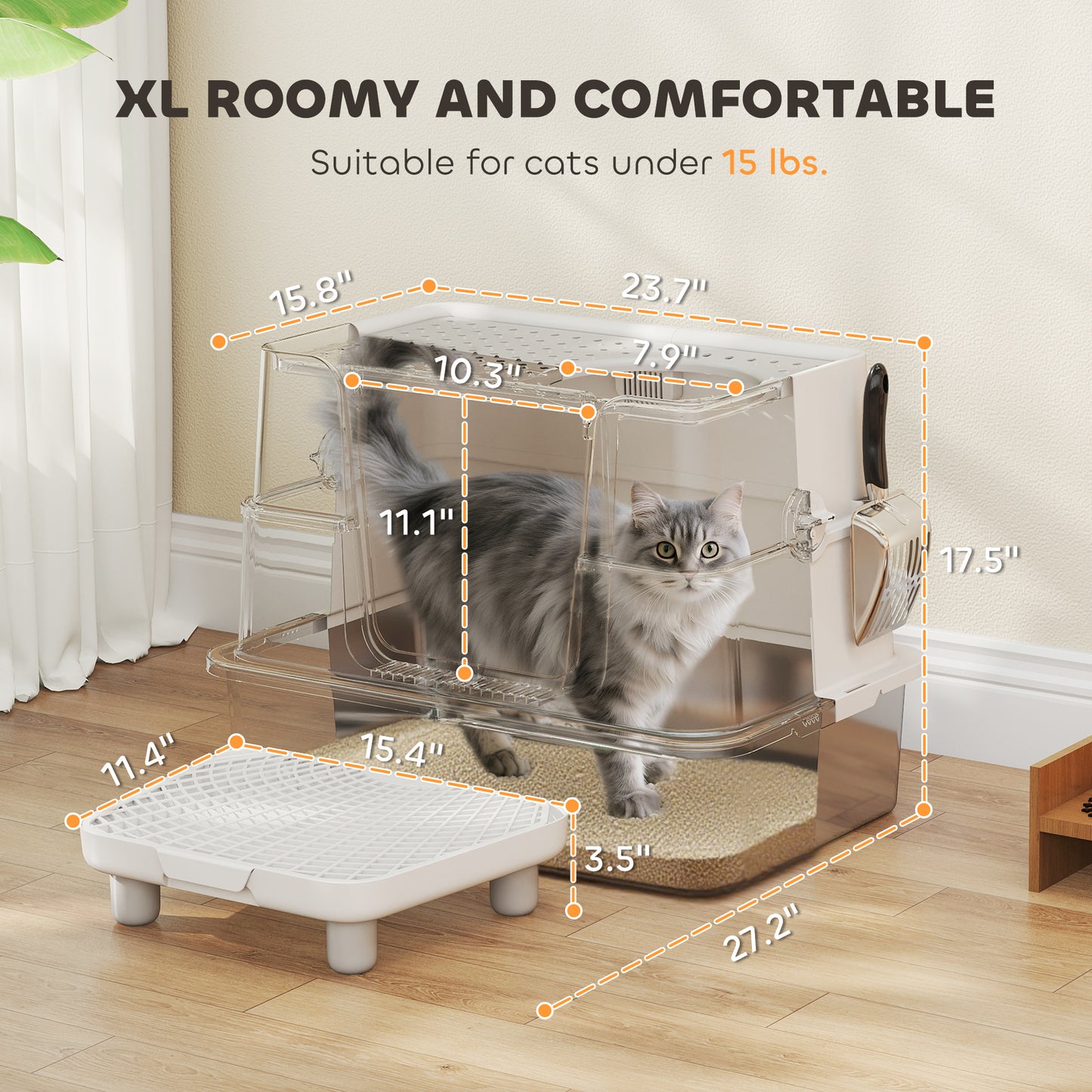 XL Stainless Steel Litter Box w/ 100° Flip Top, Scoop, Step, Top & Side Entry Enclosed Litter Box for Big Cats