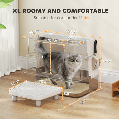 XL Stainless Steel Litter Box w/ 100° Flip Top, Scoop, Step, Top & Side Entry Enclosed Litter Box for Big Cats