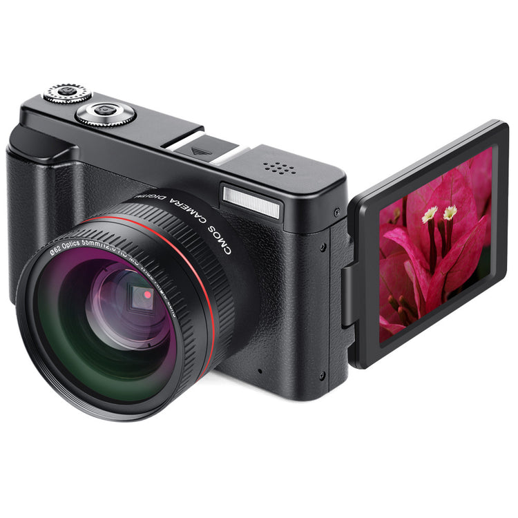 a black camera with a screen attached to it