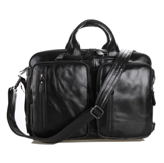 a black leather briefcase with strap
