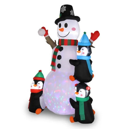 6ft With 3 Penguins, 4 Light Strings, 1 Colorful Rotating Light, Inflatable, Garden Snowman Decoration