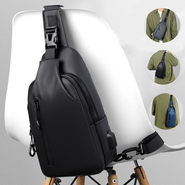 a black bag on a white chair