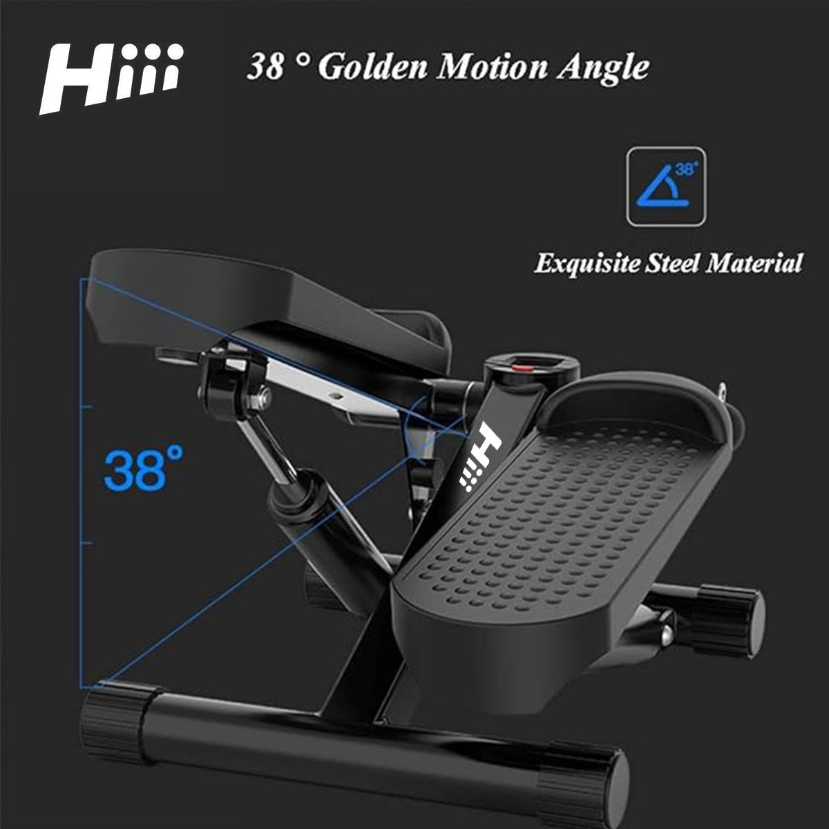 a black exercise machine with blue text