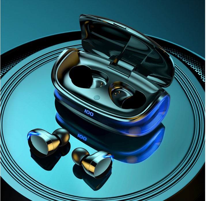 a blue earbuds on a blue surface