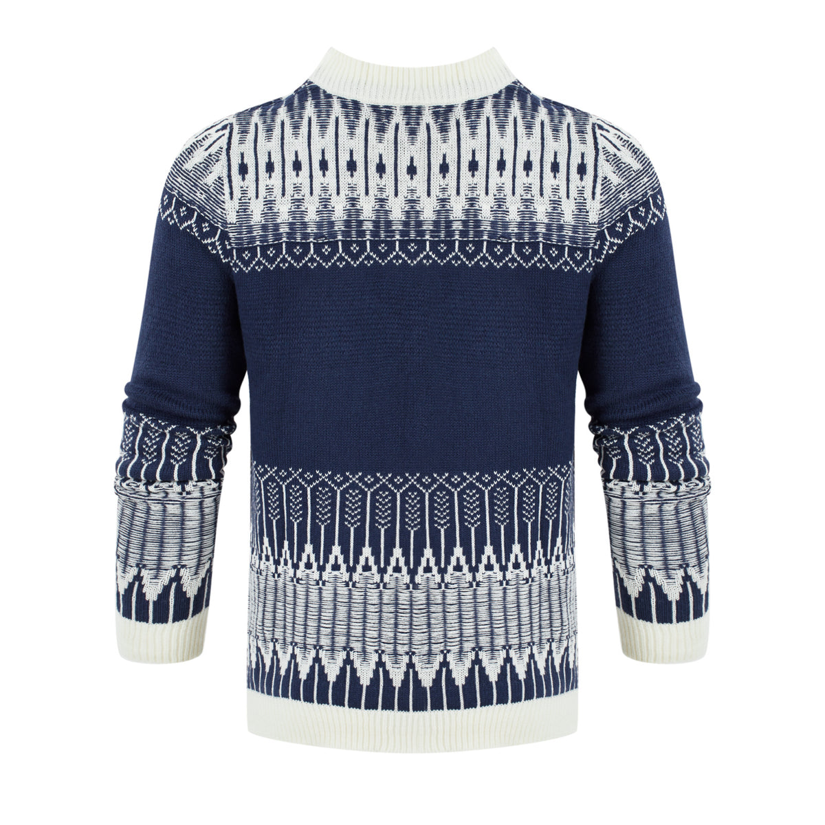 a blue and white sweater