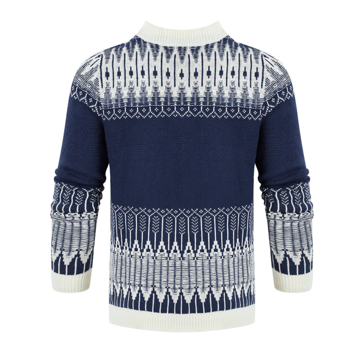 a blue and white sweater
