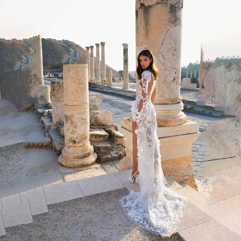 High Neck Lace Long Sleeve Floor Sweeping Boho Bridal Gown