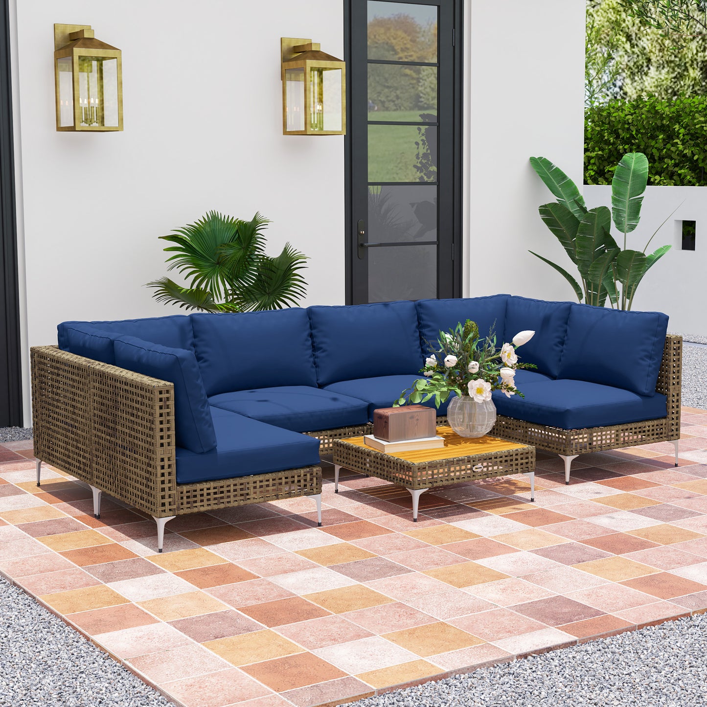 7 Piece Wicker Patio Furniture Set, Modular Outdoor Sectional With Thickened Cushions, Acacia Wood Table, Brown Blue