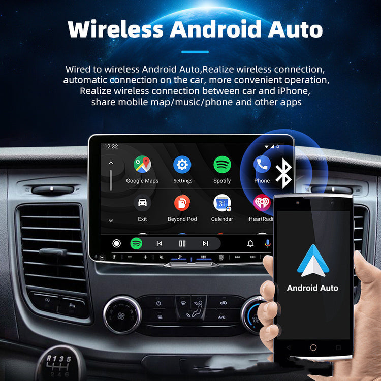 a hand holding a phone and a touch screen in a car