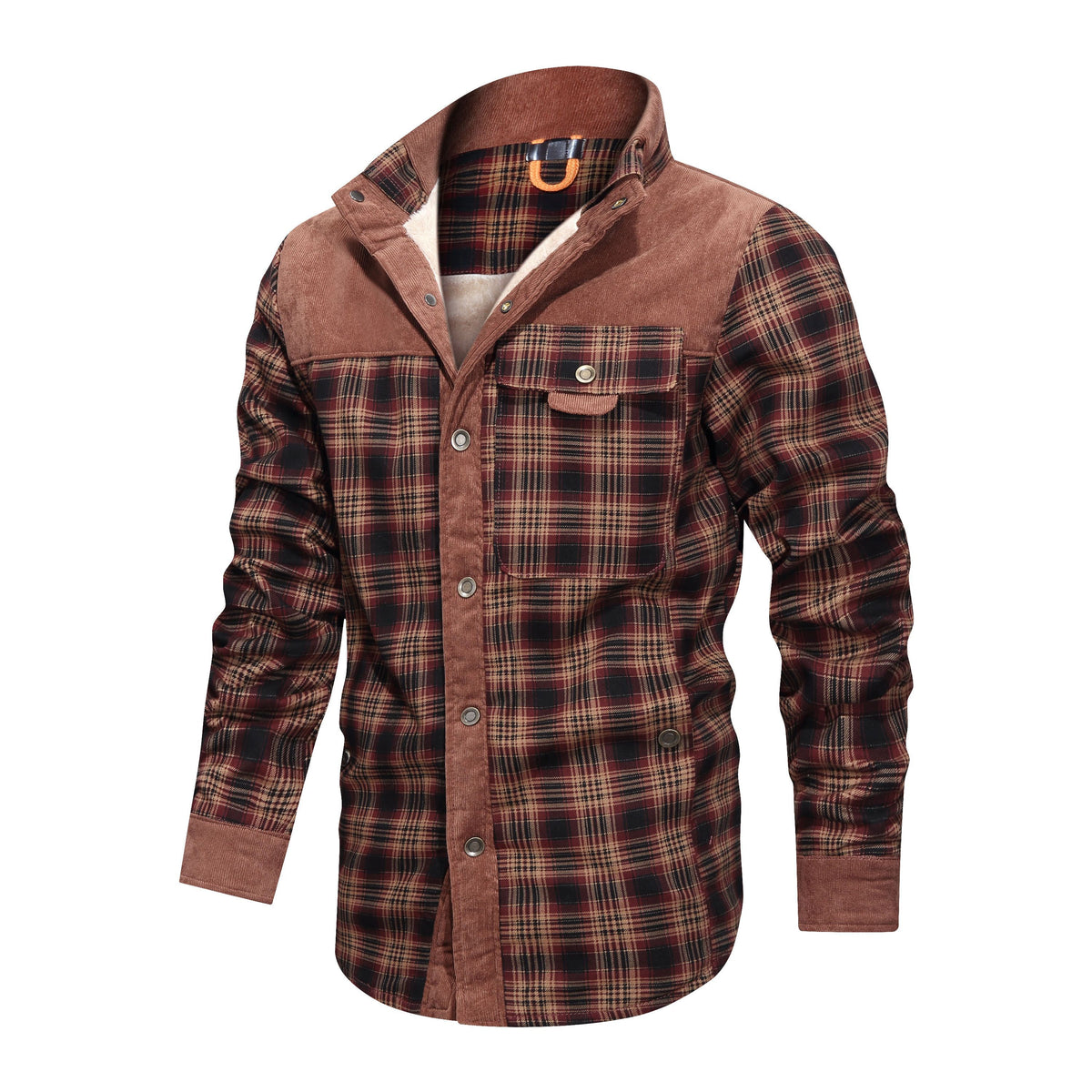 a brown and black plaid jacket