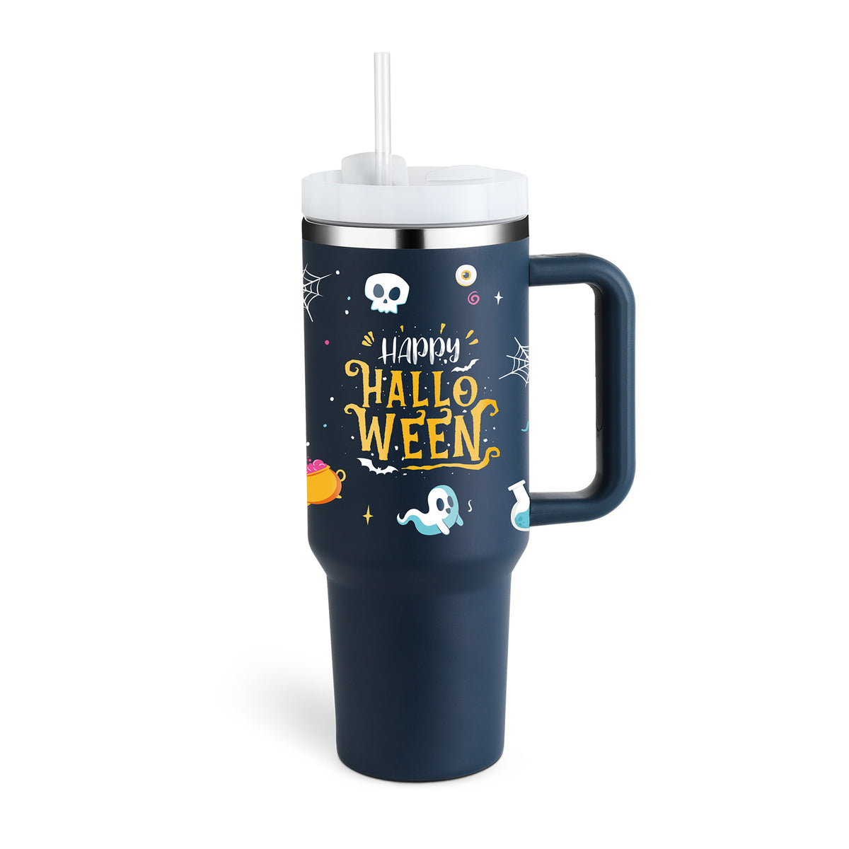 a blue and white cup with a straw