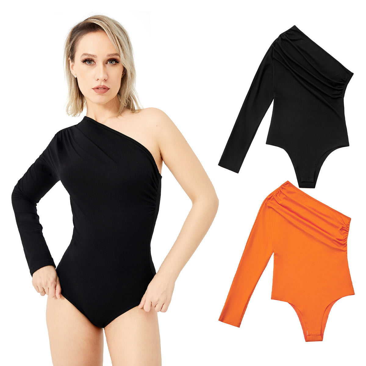 a woman in a black one-shoulder leotard