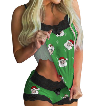 European And American Lace Sexy Sweet Print Suspender Two-piece Pajamas