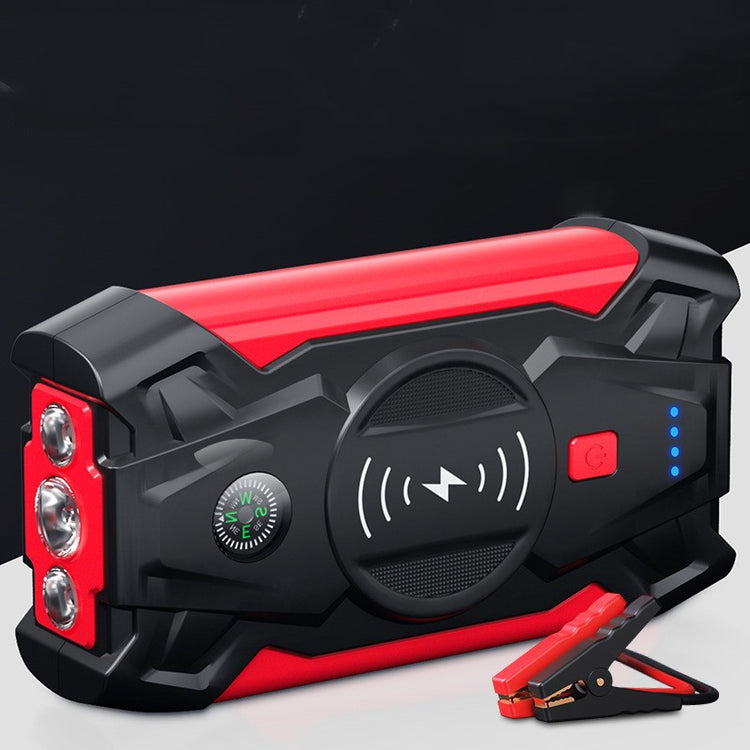 a red and black rectangle battery with lights and a battery