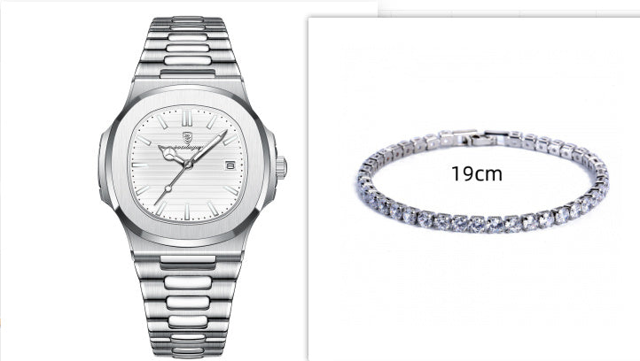 a silver watch and a bracelet