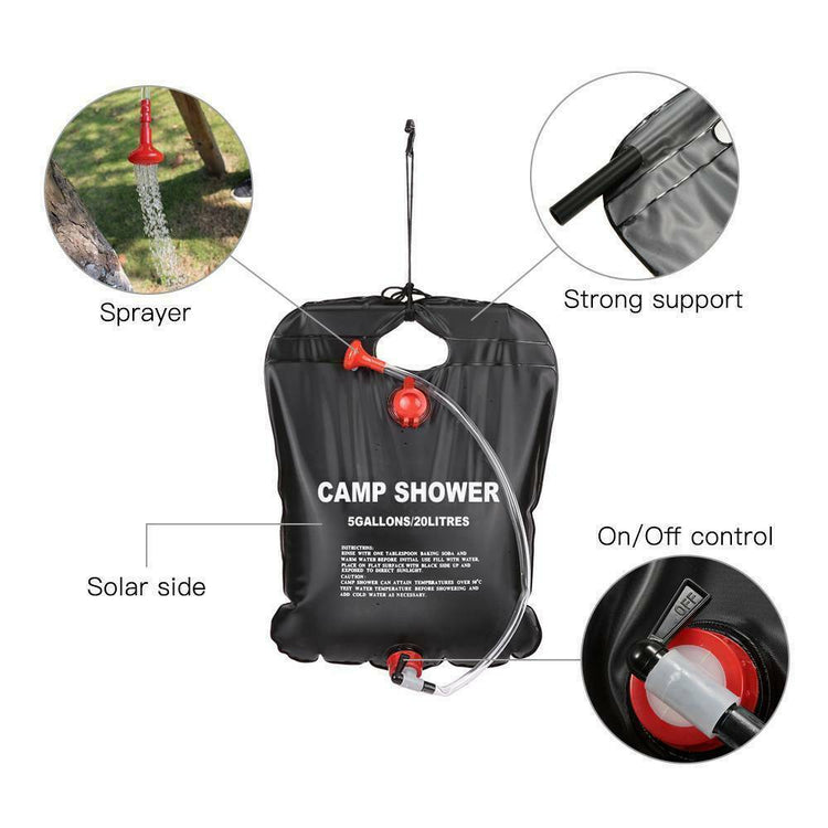 a shower bag with a hose attached