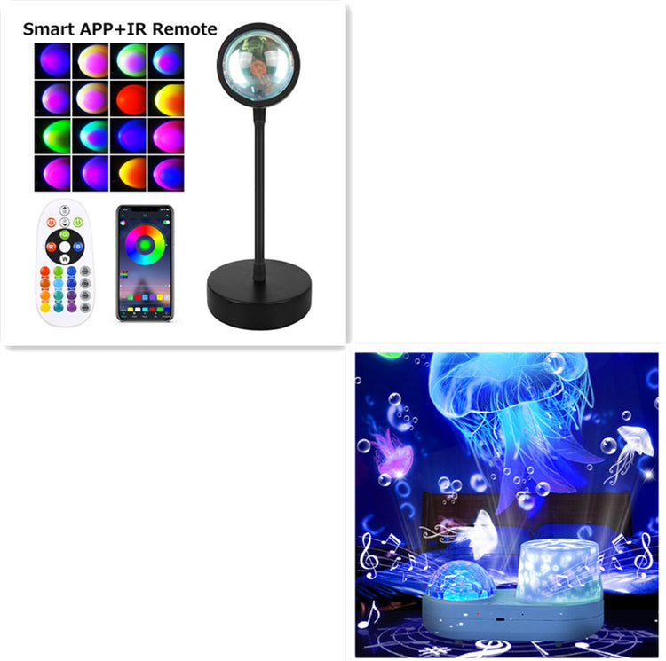 a collage of a lamp and remote control