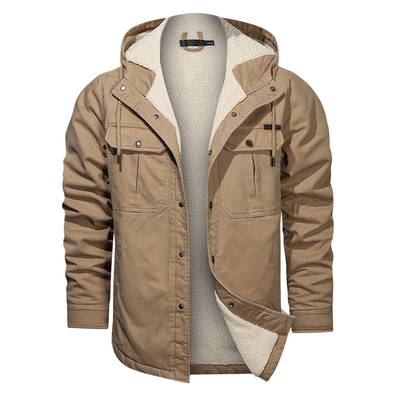 a tan jacket with a white lining