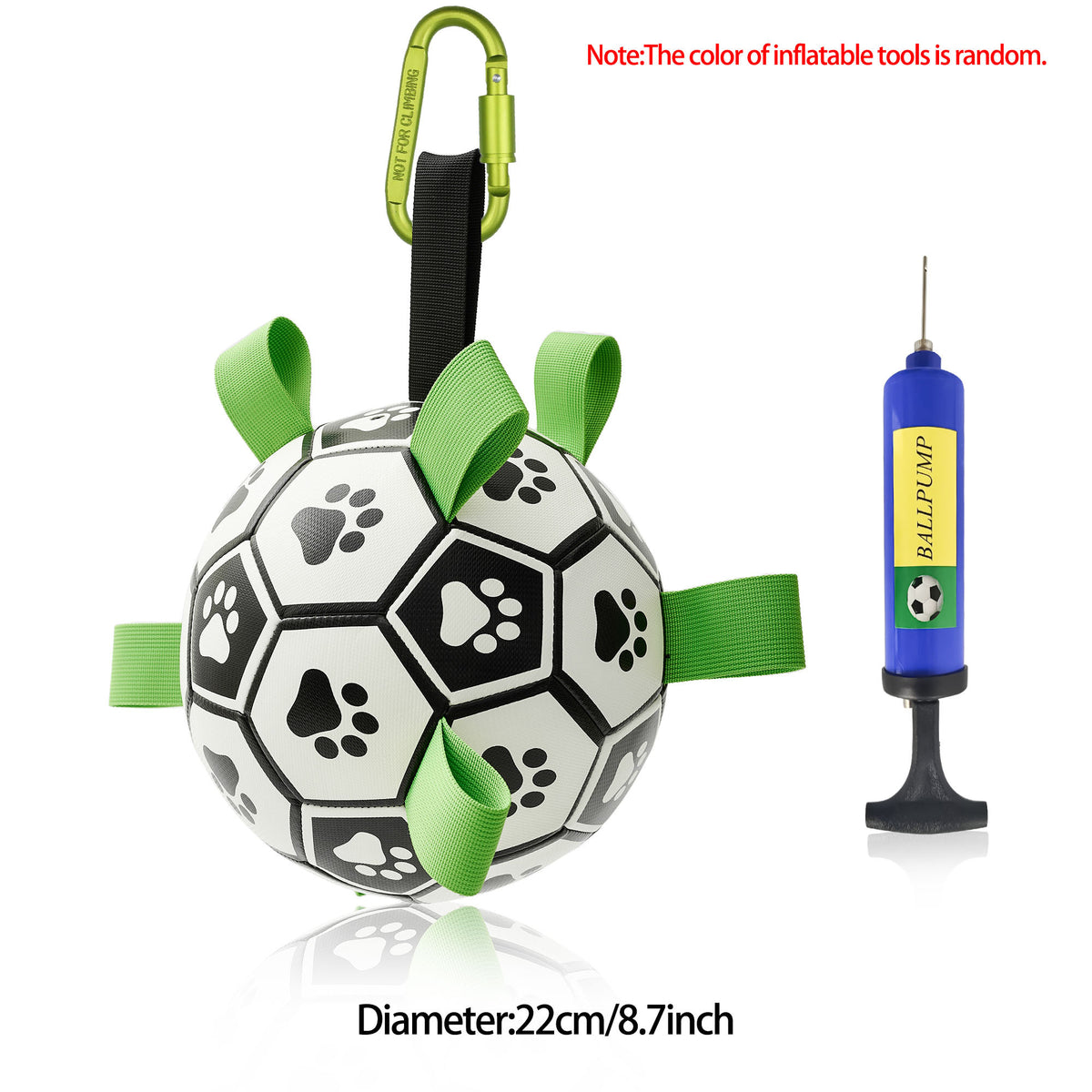 a ball shaped toy with green straps and a blue inflatable pump