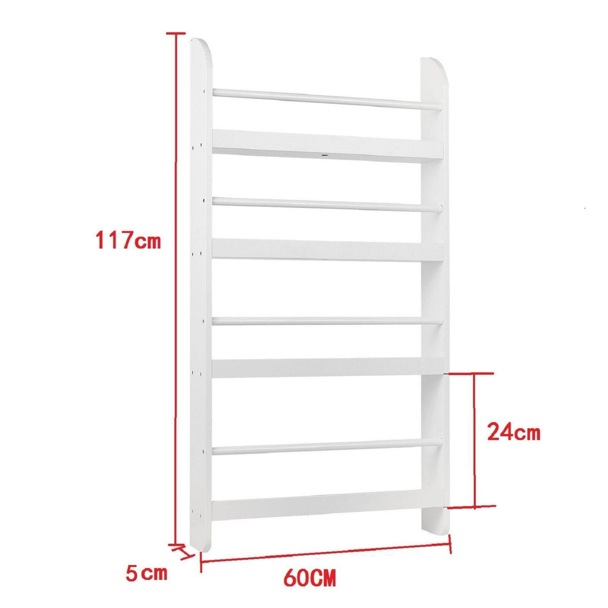 a white shelf with sizes and measurements