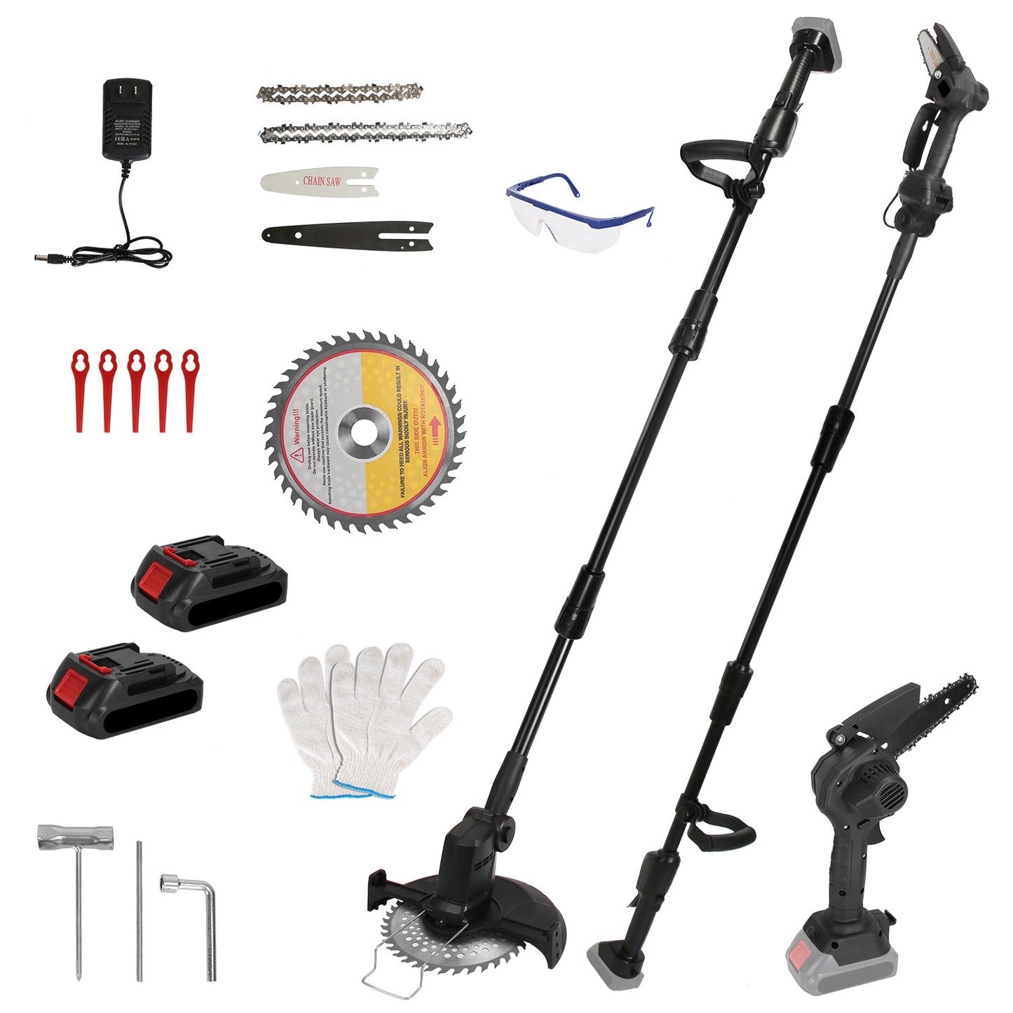 1Set 3-in-1 Cordless Electric Pole Saw Mini Chainsaw Grass Trimmer Kit With Adjustable Length 2Pcs 21V 1500mAh Batteries 4in 6in Chains Saw Blade 5Pcs Plastic Blades Fedex Shipping