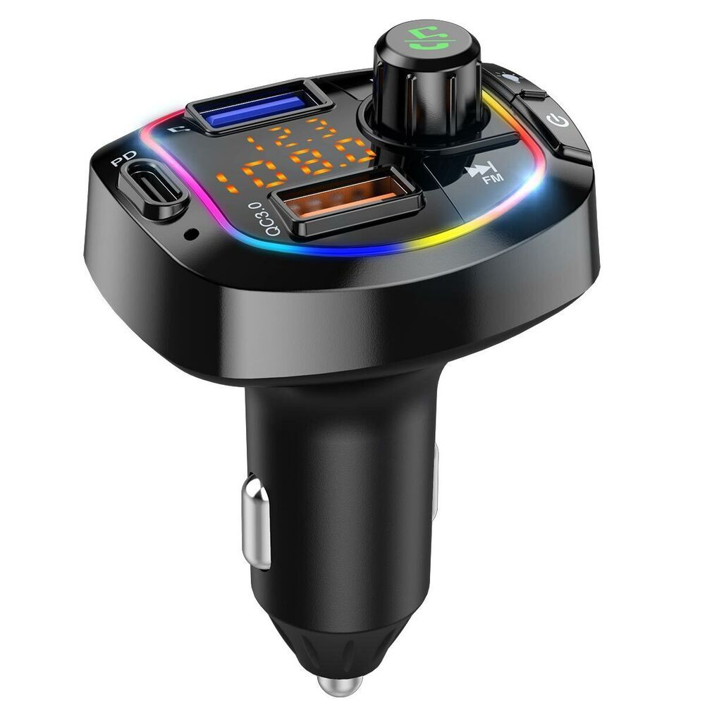 a black car charger with a multicolored led display