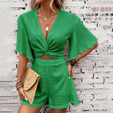 Women's Two-Piece Ruffle-Sleeve Top and Shorts Set