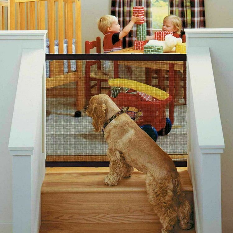 a dog standing on stairs in a room with kids