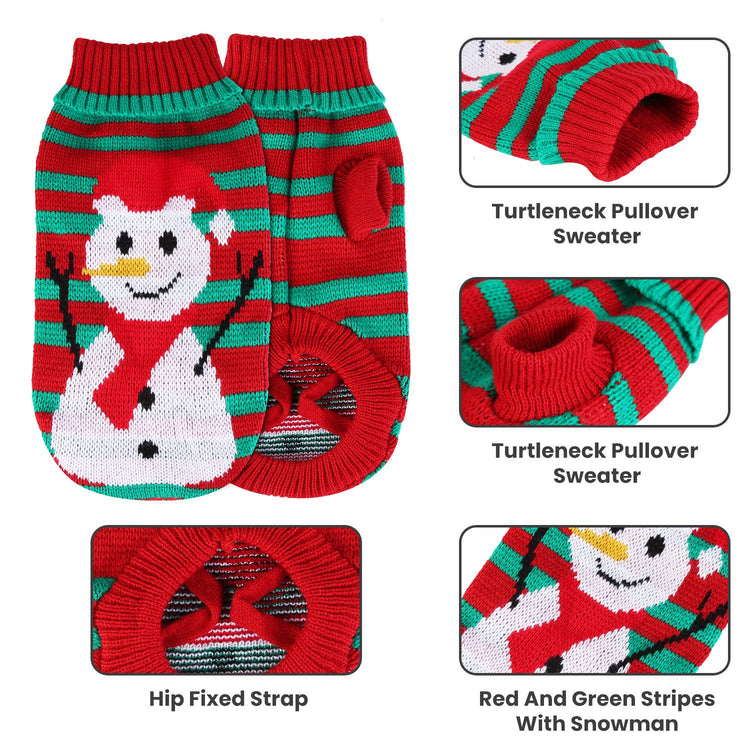a red and green striped socks with a snowman design