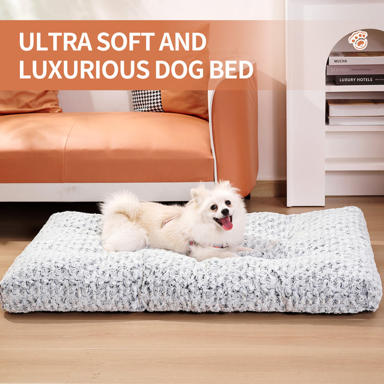 a dog lying on a dog bed
