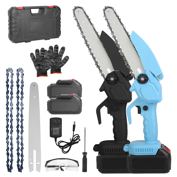 a blue and black chainsaws and tools