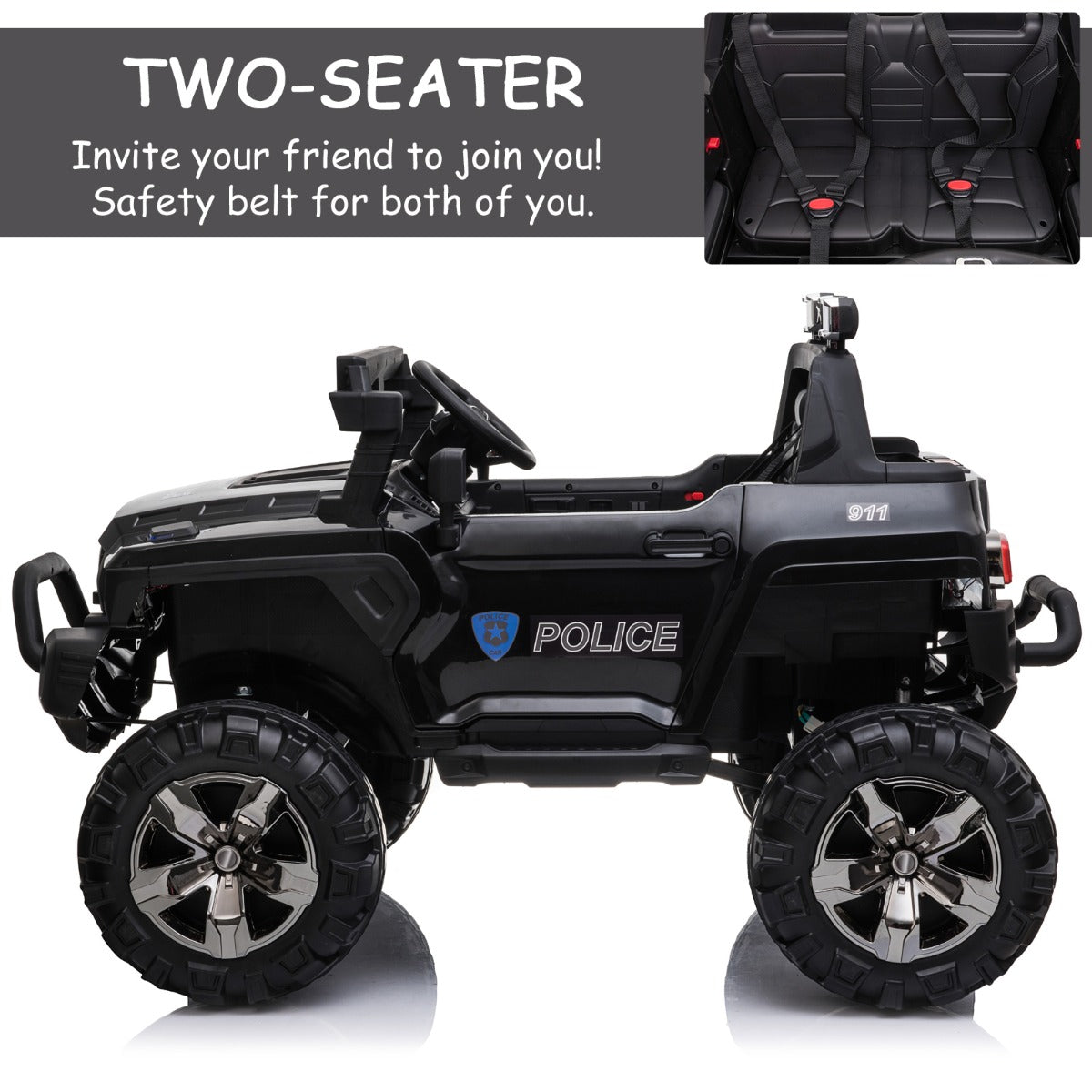 Kids Ride-On Car 12V RC 2-Seater Police Truck Electric Car For Kids with Full LED Lights