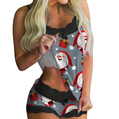 European And American Lace Sexy Sweet Print Suspender Two-piece Pajamas