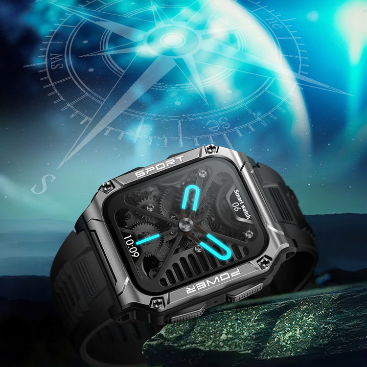 a watch with a black face and a blue light