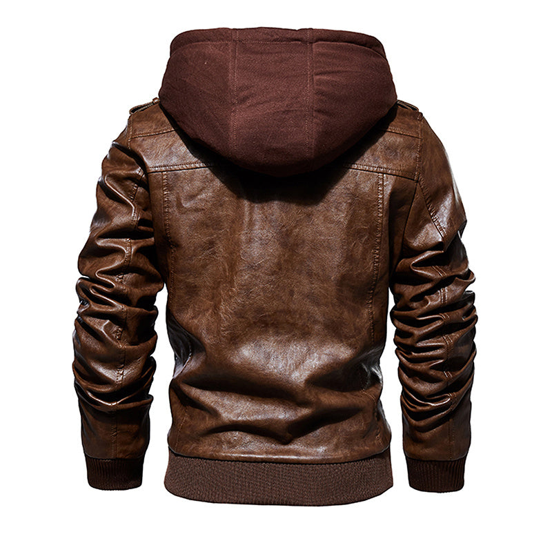 a brown leather jacket with a hood